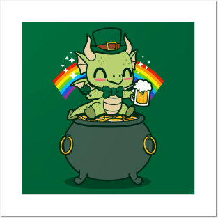 Lucky Irish Dragon Kawaii Saint Patrick Day Dragon  Drinking Beer Posters and Art